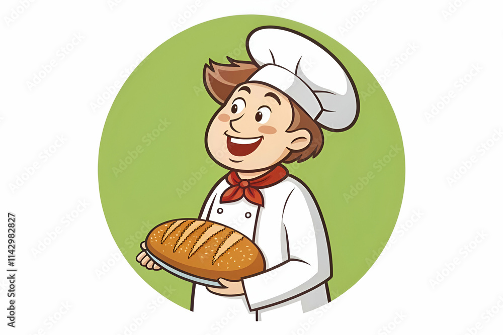A cheerful baker in a chef's uniform proudly holds a freshly baked loaf of bread against a vibrant green background. A cheerful baker in a chef's uniform proudly holds a freshly baked loaf of bread against a vibrant green background.