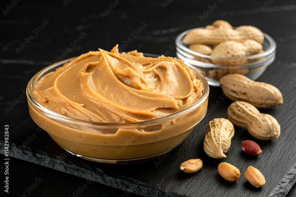 A creamy bowl of peanut butter sits next to a small dish of whole peanuts, all arranged on a dark slate surface.