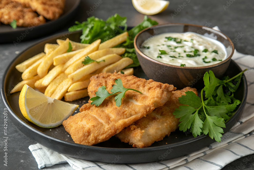 A delicious plate featuring crispy fried fish, golden fries, fresh herbs, and a creamy dip, accented with lemon wedges. A delicious plate featuring crispy fried fish, golden fries, fresh herbs, and a creamy dip, accented with lemon wedges.