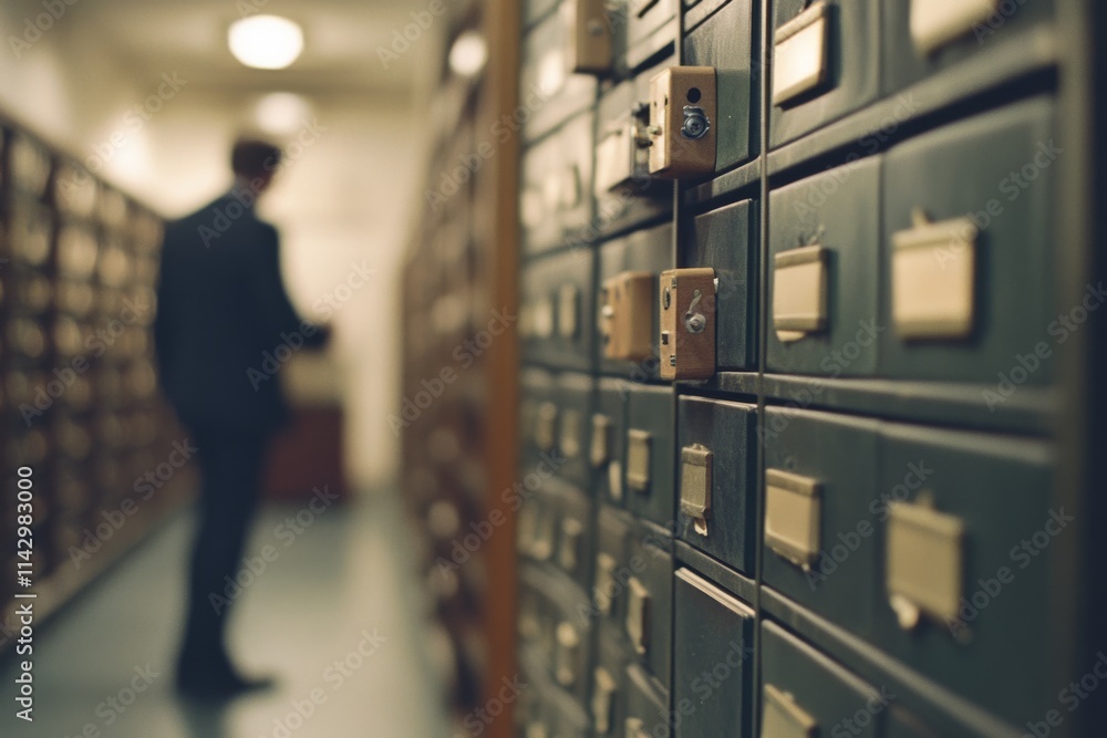Obraz premium A dimly lit archive corridor lined with mysterious file cabinets, with a blurred figure in the background.