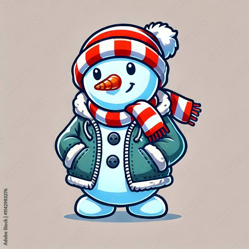 The snowman cartoon character wearing a jacket and scarf looks cool The snowman cartoon character wearing a jacket and scarf looks cool