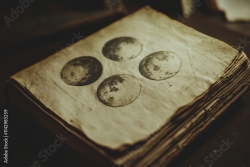 A weathered book displays moon phase illustrations, evoking a sense of mystery and wonder, blending celestial knowledge with rustic charm and history. photo