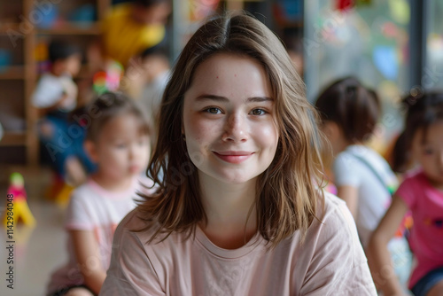 Wallpaper Mural Generative AI Teacher Smiling in Kindergarten Classroom with Children Torontodigital.ca