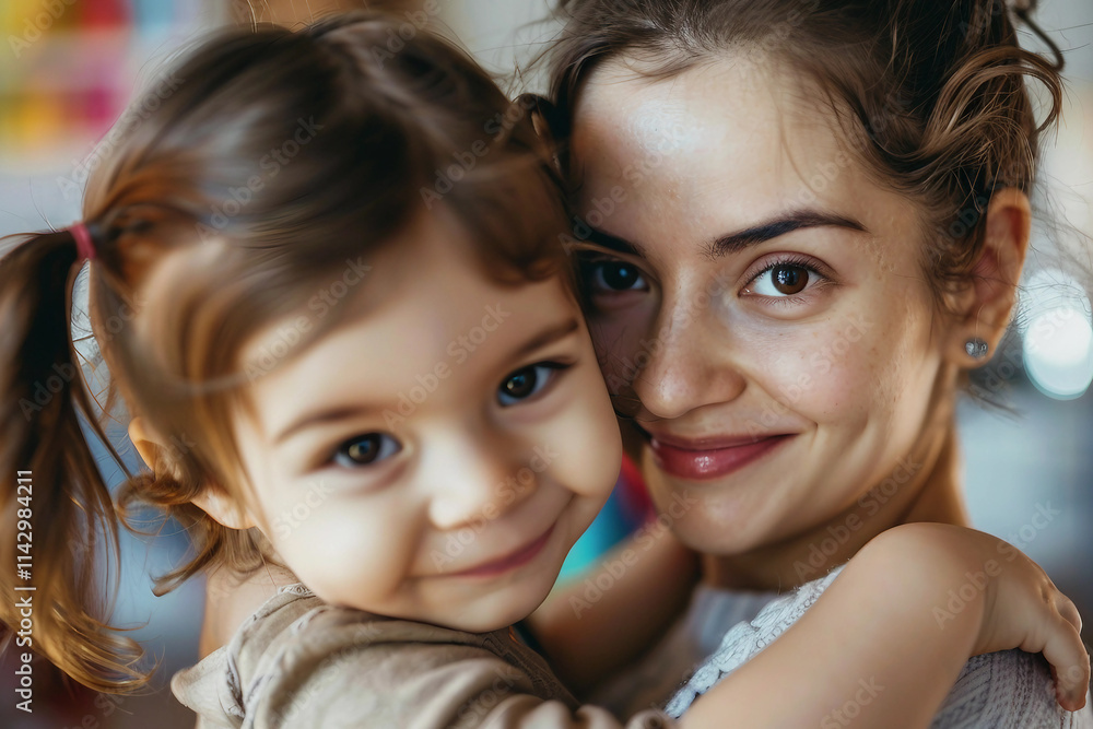 Generative AI Portrait of Smiling Mother Hugging Baby in Nursery Room Generative AI Portrait of Smiling Mother Hugging Baby in Nursery Room
