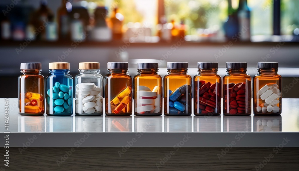 Variety of pills and capsules in amber glass bottles. Variety of pills and capsules in amber glass bottles.