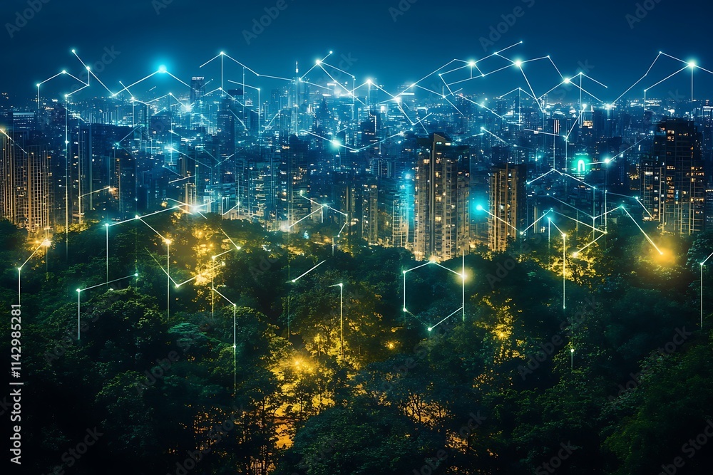 Obraz premium Night Cityscape with Nature: A Digital Metropolis