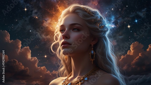 Portrait of woman in the space background 