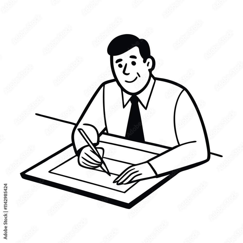a black and white line drawing of a man sitting at a desk. a black and white line drawing of a man sitting at a desk.