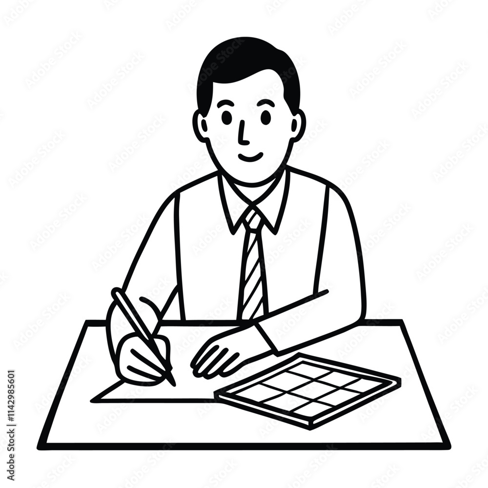 a black and white line drawing of a man sitting at a desk. a black and white line drawing of a man sitting at a desk.
