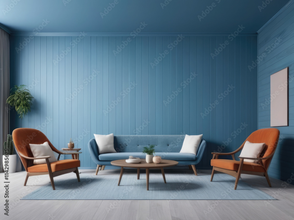 Modern living room interior featuring cozy, plush Blue sofas a wooden side table with decorative items, and minimalist decor. The space is enhanced by a large abstract painting and a soft rug Modern living room interior featuring cozy, plush Blue sofas a wooden side table with decorative items, and minimalist decor. The space is enhanced by a large abstract painting and a soft rug