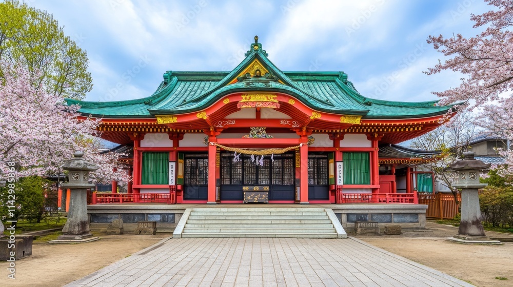 Obraz premium Serene Shrine Surrounded by Blooming Gardens