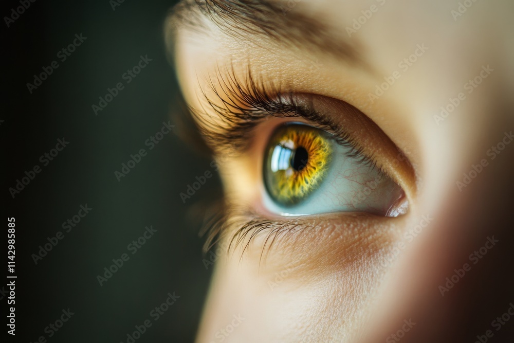 Fototapeta premium A vibrant close-up of a human eye, featuring intricate details of the iris in shades of green and gold, with soft light illuminating the scene.