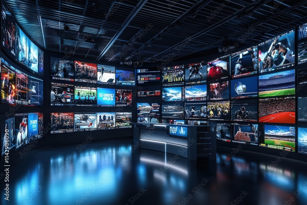 A modern media control room filled with numerous screens displaying various live sports events. A modern media control room filled with numerous screens displaying various live sports events.