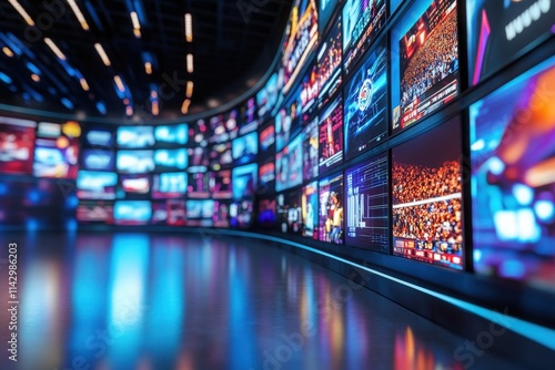 A high-tech media center filled with a curved wall of screens showcasing diverse broadcasts in bright colors. The setting is dynamic, illuminated by ambient lighting reflecting off the floor.