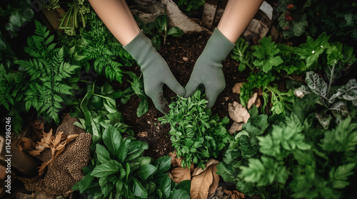 Hands Harvesting Fresh Vegetables and Working with Compost in a Lush Garden

