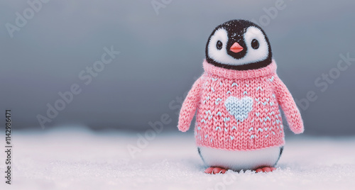 Knitted animal for Valentine day. A cute penguin wearing a pink sweater with a heart stands on snow, showcasing winter charm and adorable fashion.