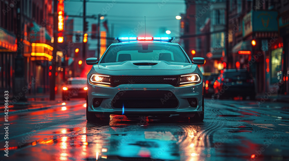 A white police car with light bar on top, long angle, sunny day in the city streets. A white police car with light bar on top, long angle, sunny day in the city streets.