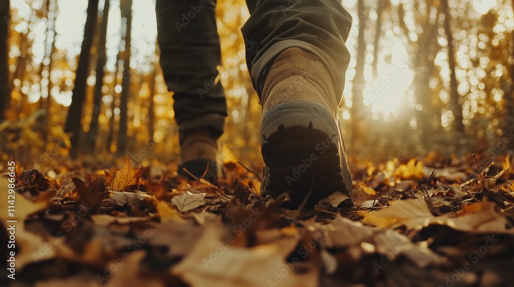 Close-Up of Boots Walking Through Autumn Leaves in a Sunlit Forest Path Close-Up of Boots Walking Through Autumn Leaves in a Sunlit Forest Path