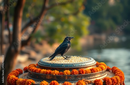 Black bird perched on food offering during Pitru Paksha festival. Food placed on ornate container decorated with marigold flowers by river. Religious tradition honors ancestors. Cultural observance photo