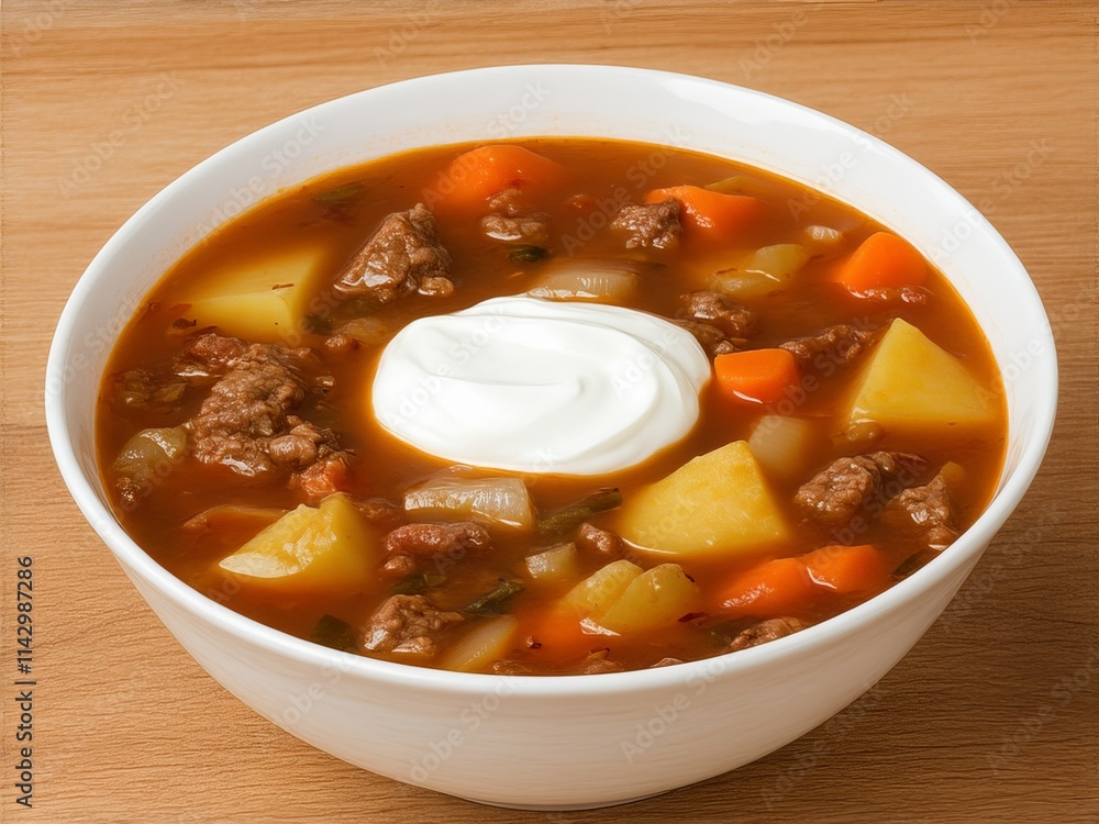 Delicious hearty soup with meat, vegetables, and creamy topping served in a white bowl Delicious hearty soup with meat, vegetables, and creamy topping served in a white bowl