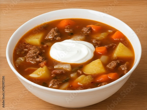 Delicious hearty soup with meat, vegetables, and creamy topping served in a white bowl