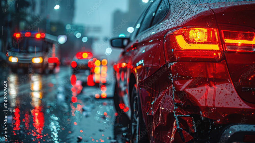 A foreshortening view of a car accident scene, rainy day, car hazard light on, blurry background of traffic jammed, ambulance and police on scene, hyper-realistic, volumetric light. A foreshortening view of a car accident scene, rainy day, car hazard light on, blurry background of traffic jammed, ambulance and police on scene, hyper-realistic, volumetric light.