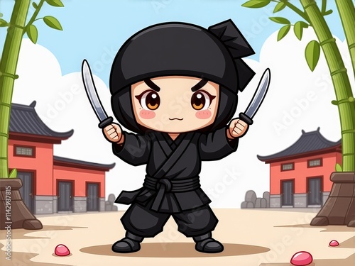 Young ninja character practicing martial arts in a traditional Asian courtyard setting