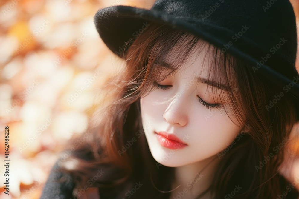 A serene portrait of a woman in a hat, eyes gently closed, surrounded by the warm, blurred hues of autumn leaves, embodying peace and introspection. A serene portrait of a woman in a hat, eyes gently closed, surrounded by the warm, blurred hues of autumn leaves, embodying peace and introspection.