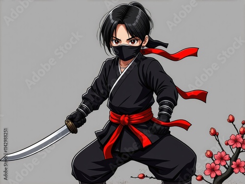 Young ninja ready for action with katana and red accents in a stylized setting