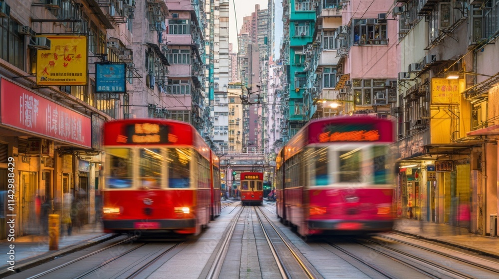 Fototapeta premium Vibrant Cityscape with Buses in Sunset Lighting