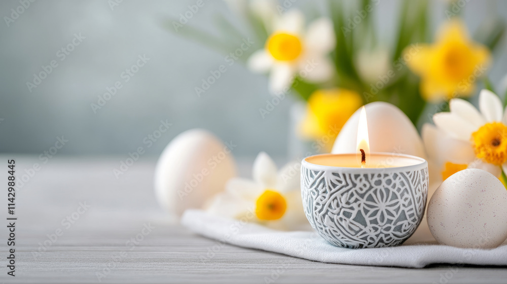 Decorative Easter Candle with Eggs and Yellow Flowers on Wooden Table. Spring Holiday Celebration Decorative Easter Candle with Eggs and Yellow Flowers on Wooden Table. Spring Holiday Celebration