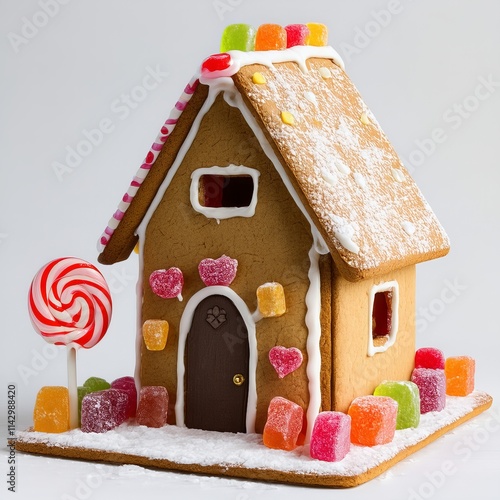 Gingerbread house decorated with colorful candies during holiday festivities in winter