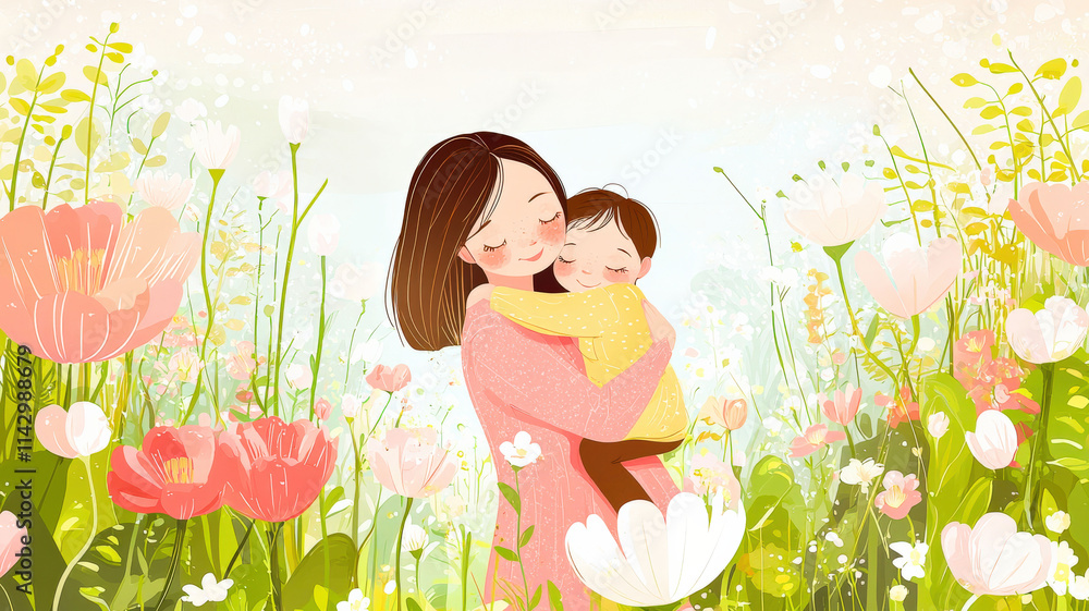 A heartwarming illustration depicting a mother and child embracing in a vibrant garden filled with blooming flowers. The scene radiates love and warmth, capturing a tender moment in nature’s beauty. A heartwarming illustration depicting a mother and child embracing in a vibrant garden filled with blooming flowers. The scene radiates love and warmth, capturing a tender moment in nature’s beauty.
