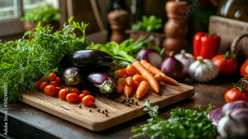 Side view of cutting board covered by food. Side view of cutting board covered by assorted food including eggplants and carrots