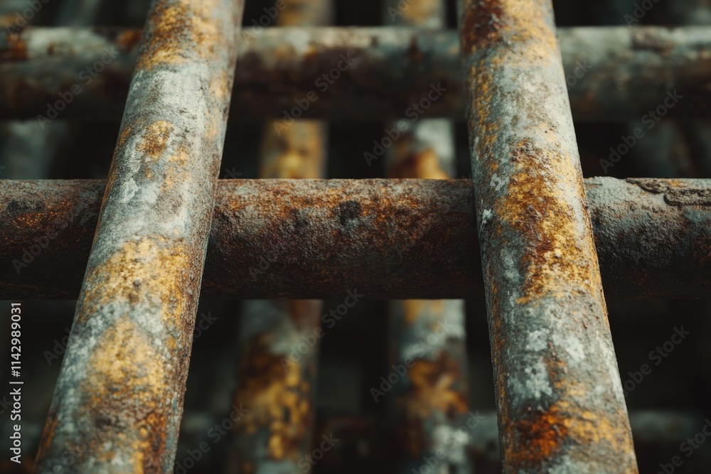 Rusty metal bars with aged texture form a grid pattern, showcasing an industrial and weathered aesthetic. Rusty metal bars with aged texture form a grid pattern, showcasing an industrial and weathered aesthetic.