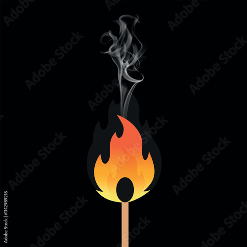 Burning match stick . Flat vector illustration. Isolated on dark black background 