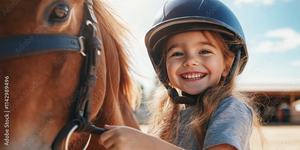 Smiling girl wearing a riding helmet standing next to a horse, holding its reins, cheerful expression, outdoor riding arena in the background, joyful and confident moment, selective focus
Smiling girl wearing a riding helmet standing next to a horse, holding its reins, cheerful expression, outdoor riding arena in the background, joyful and confident moment, selective focus