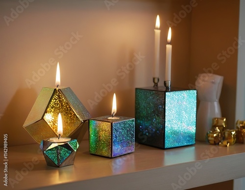 Colorful geometric candles with flickering flames illuminate a cozy shelf setting. photo