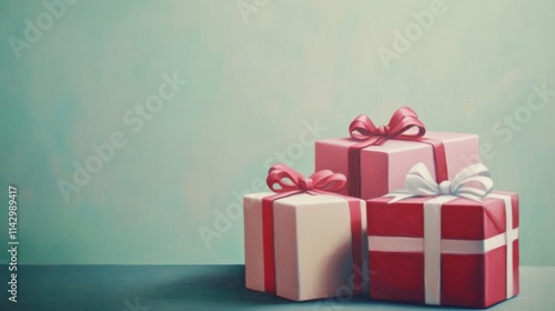 Christmas Presents on Teal Background - Festive Christmas gifts, muted colors, pastel tones, holiday cheer, gift boxes.