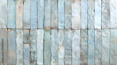 Textured surface of vertical rectangular tiles in light blue tones. Abstract geometric pattern for background. Close-up photography for design and print.