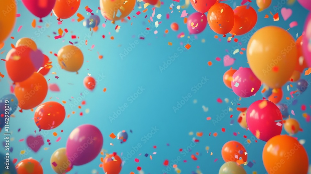Colorful balloons and confetti create a festive atmosphere against a bright blue background Colorful balloons and confetti create a festive atmosphere against a bright blue background