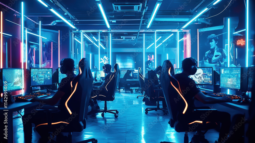 Naklejka premium A high-stakes esports gaming tournament features players in ergonomic gaming chairs, focused on their screens, surrounded by glowing equipment and an excited audience cheering in the background. 