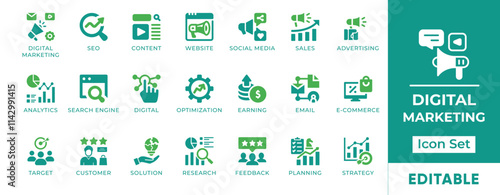 Digital Marketing Icon Set. Features editable icons for digital marketing, SEO, content marketing, social media marketing, and email marketing. Perfect for digital marketers, businesses, and websites.
