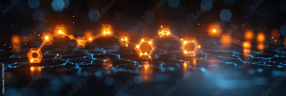 A digital representation of molecular structures with glowing elements on a textured surface. A digital representation of molecular structures with glowing elements on a textured surface.