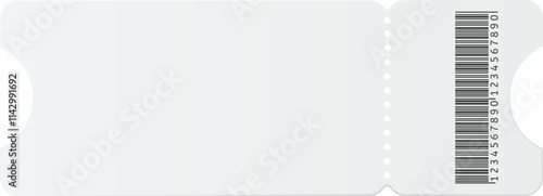 Blank white ticket featuring a barcode and a perforated right edge, waiting to be filled with details for an upcoming event or festival, ready for admission and access