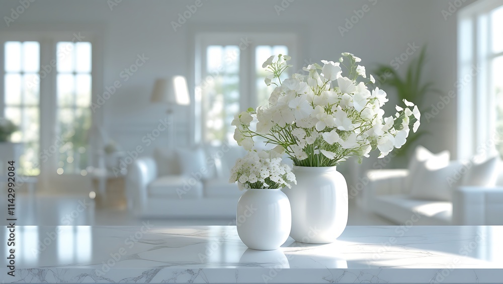 Serene White Marble Countertop with Pristine Vases & Flowers | Bright, Sunlit Living Room with Airy Bokeh Background Serene White Marble Countertop with Pristine Vases & Flowers | Bright, Sunlit Living Room with Airy Bokeh Background