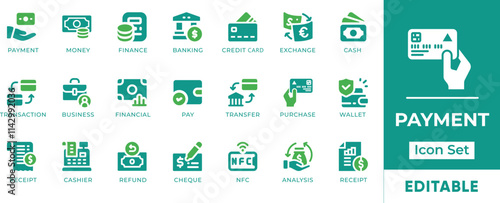 Payment Icon Set. Features editable icons for payment, finance, banking, money, transaction, cash, and more. Perfect for financial websites, e-commerce platforms, and payment processing businesses.
