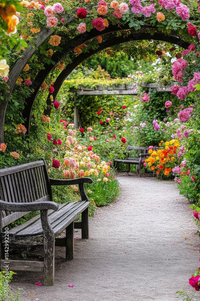 Fototapeta premium Benches surrounded by vibrant flowers in a serene garden on a sunny day