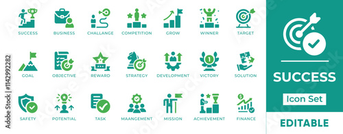 Success Icon Set. Features editable icons for success symbols, achievement, goals, strategy, development, victory, and more. Perfect for businesses, entrepreneurs, and personal growth.