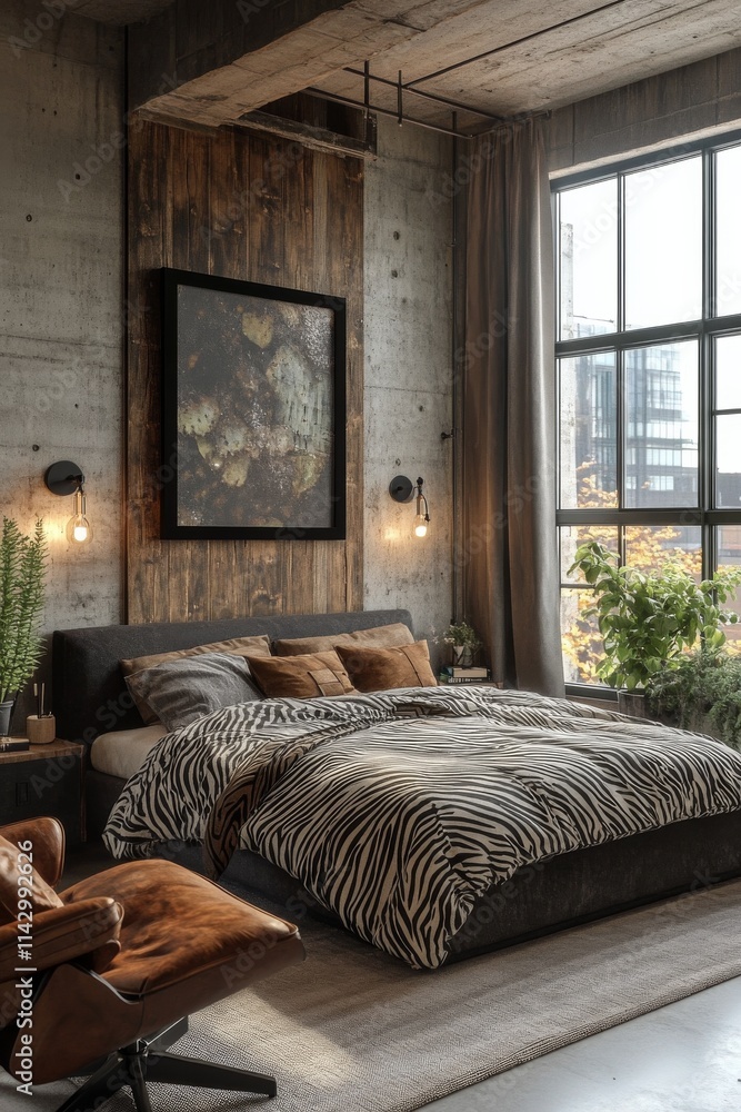 Modern bedroom design featuring zebra print decor and industrial style Modern bedroom design featuring zebra print decor and industrial style